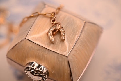 Vintage 14ct Gold Horseshoe and Whip White Gem Charm Jewellery - Equestrian Gift