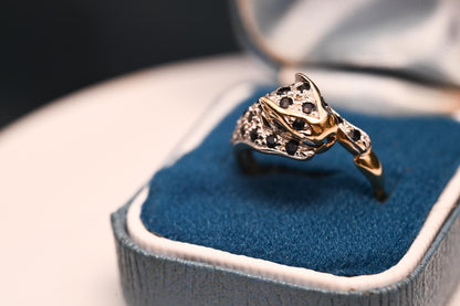Vintage Panther Sapphire & Diamond Ring, 9ct White Yellow Gold Fancy Jewellery, Spotted Panther Unusual Ring, Statement Animal Jewelry 9K