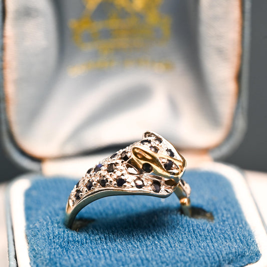 Vintage Panther Sapphire & Diamond Ring, 9ct White Yellow Gold Fancy Jewellery, Spotted Panther Unusual Ring, Statement Animal Jewelry 9K