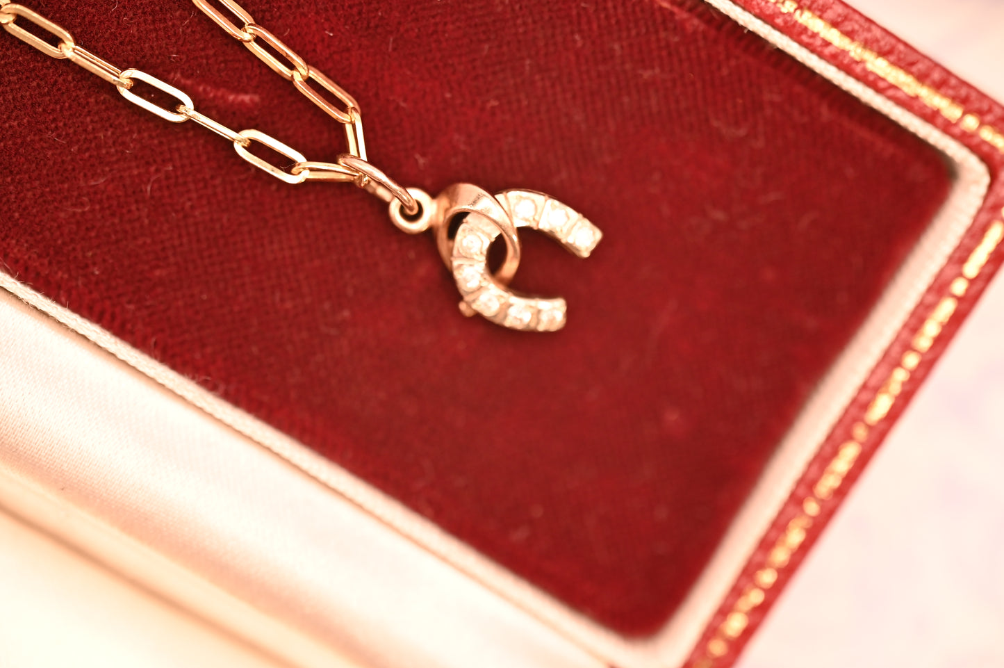 Vintage 14ct Gold Horseshoe and Whip White Gem Charm Jewellery - Equestrian Gift