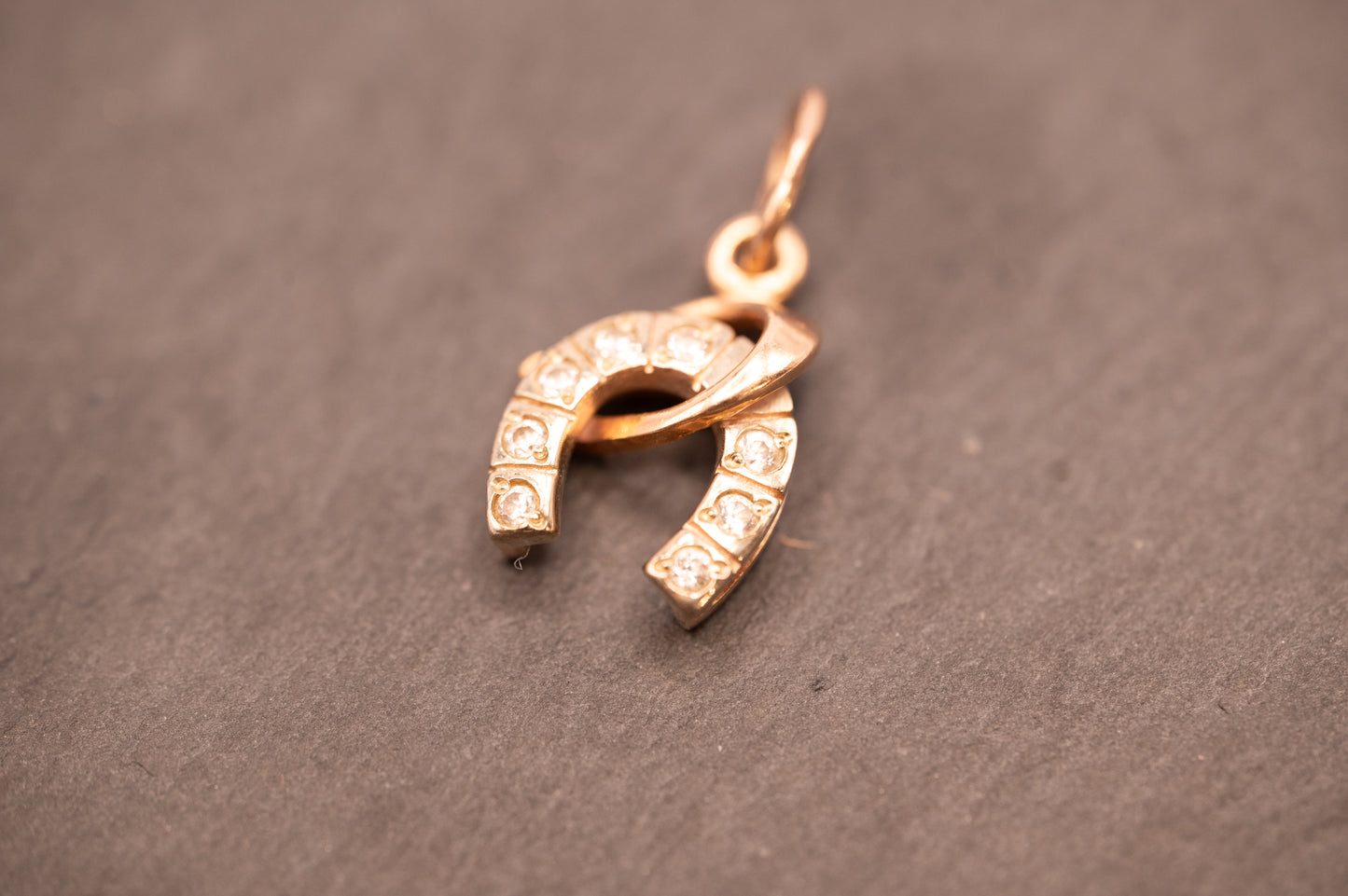 Vintage 14ct Gold Horseshoe and Whip White Gem Charm Jewellery - Equestrian Gift