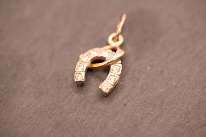 Vintage 14ct Gold Horseshoe and Whip White Gem Charm Jewellery - Equestrian Gift