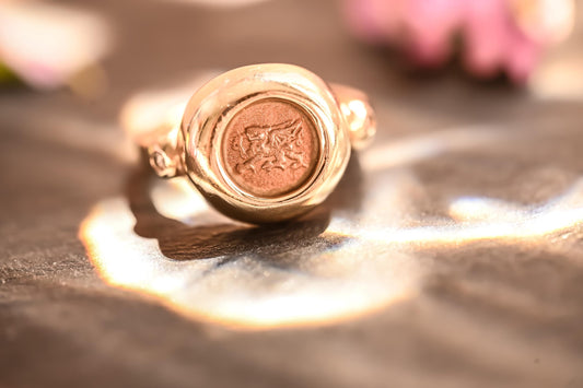 Clogau-9ct yellow gold- Welsh dragon- rare Welsh gold- vintage-signet ring - solid gold- rose gold centre- diamond shoulders both sides.