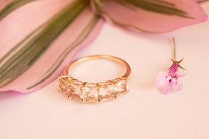 ring full view - 5 morganite clear pinkish stones. vintage 1980s ring.
