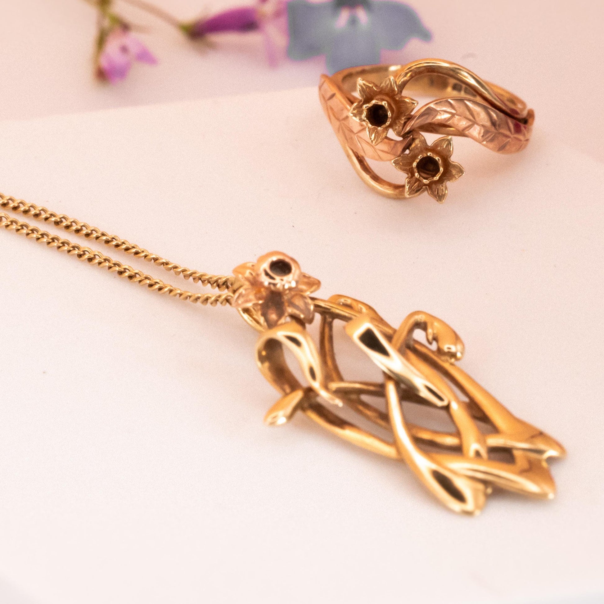 Vintage 1990s Clogau Welsh 9ct yellow and rose gold Daffodil Pendant and 20" Chain