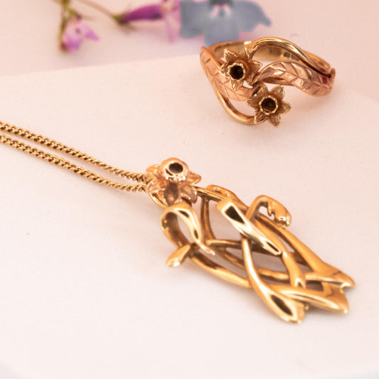 Vintage 1990s Clogau Welsh 9ct yellow and rose gold Daffodil Pendant and 20" Chain