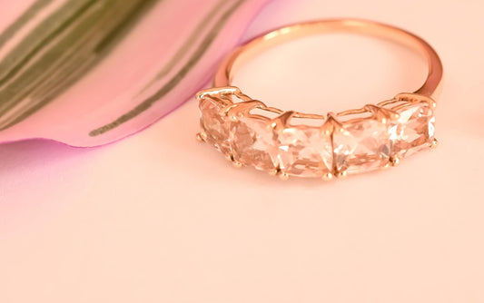 morganite half eternity pink ring 9ct gold vintage - hallmarked 1980s