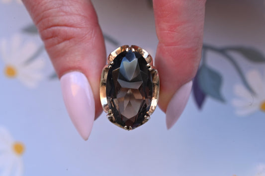 Fantastic English Vintage Hallmarked 9ct Gold 1970s Smokey Quartz Statement Ring