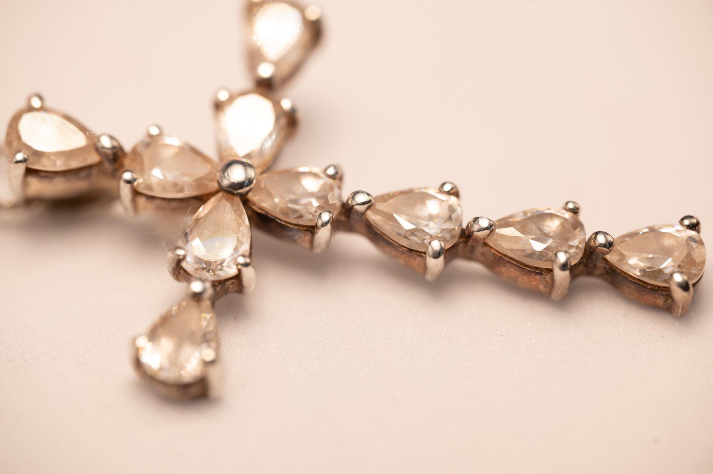 Vintage Jewellery - Sterling Silver Large Cross Pendant Necklace Heart Shaped White Crystals, Italy 1960
