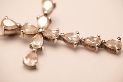 Vintage Jewellery - Sterling Silver Large Cross Pendant Necklace Heart Shaped White Crystals, Italy 1960