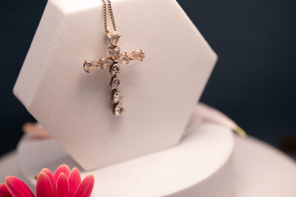 Vintage Jewellery - Sterling Silver Large Cross Pendant Necklace Heart Shaped White Crystals, Italy 1960