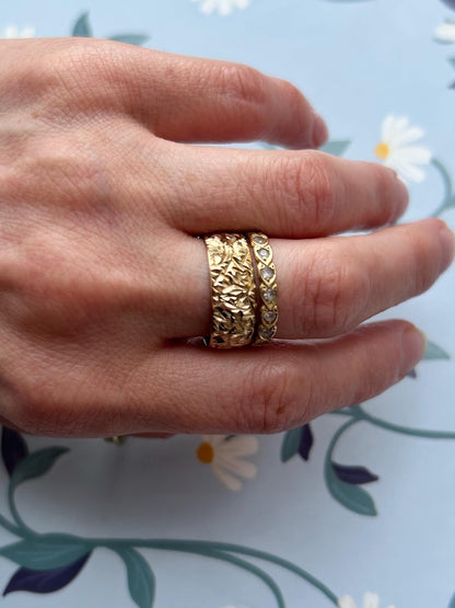 Vintage Diamond Cut 9ct Yellow Gold Wedding Band - UK Size O / US 7.5, Unusual design wide band, Eye-Catching Statement jewellery England.