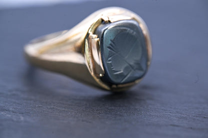 Vintage Mid-Century 1960s Ring, Mens Birmingham Rectangle Carved Hematite Signet Ring, Centurion Intaglio, Solid Gold Chunky Jewelry 9ct, 9K