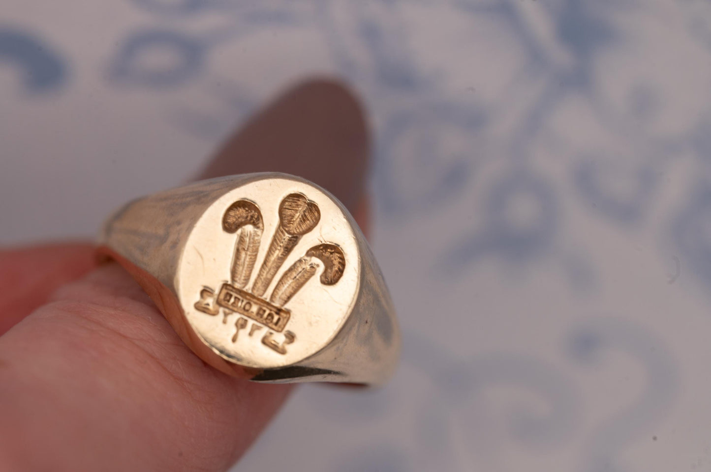 Vintage 9ct Yellow Gold Welsh Feathers Signet Ring, Size US 11.5