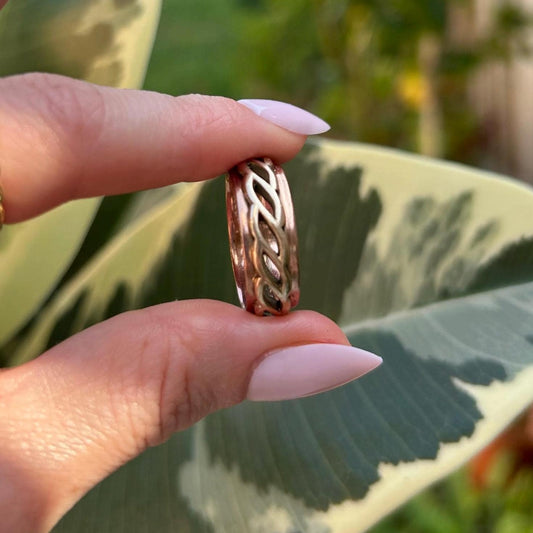 Vintage Clogau Men Celtic Weave Heavy Solid Gold Band Ring in 9ct Yellow and Rose Gold