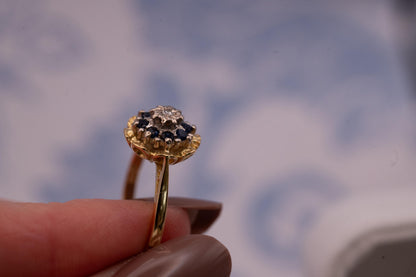 Vintage Mid-Century Sapphire and Diamond Ring, 18ct Yellow Gold Art Deco Floral Jewellery, Ornate Unique Heirloom Jewelry, Blue Dress Ring