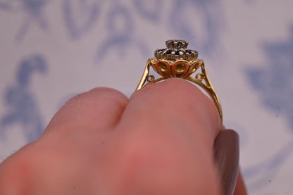 Vintage Mid-Century Sapphire and Diamond Ring, 18ct Yellow Gold Art Deco Floral  Jewellery, Ornate Unique Heirloom Jewelry, Blue Dress Ring