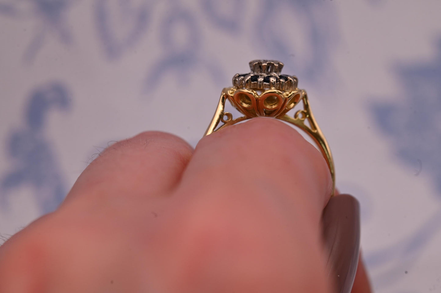 Vintage Mid-Century Sapphire and Diamond Ring, 18ct Yellow Gold Dainty Floral Jewellery, Ornate Unique Heirloom Jewelry, Blue Dress Ring