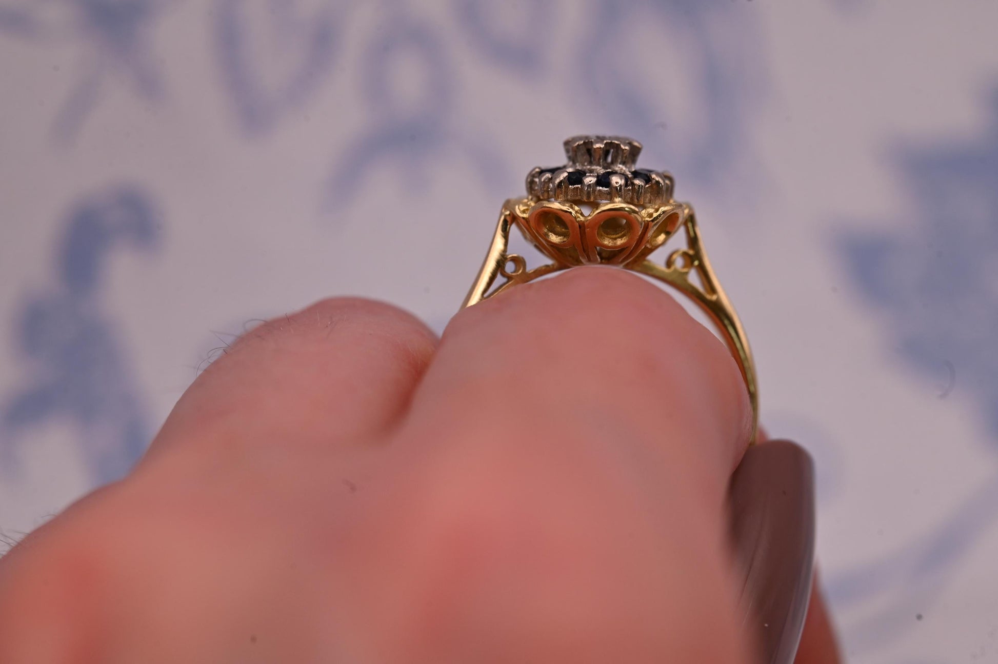 Vintage Mid-Century Sapphire and Diamond Ring, 18ct Yellow Gold Dainty Floral Jewellery, Ornate Unique Heirloom Jewelry, Blue Dress Ring