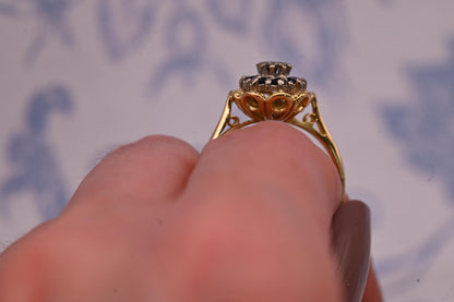 Vintage Mid-Century Sapphire and Diamond Ring, 18ct Yellow Gold Dainty Floral Jewellery, Ornate Unique Heirloom Jewelry, Blue Dress Ring