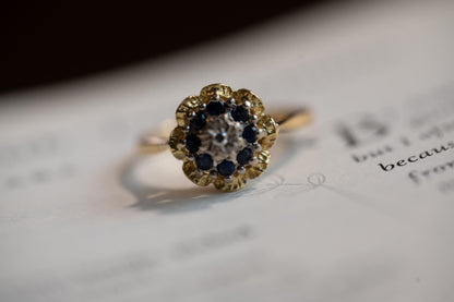Vintage Mid-Century Sapphire and Diamond Ring, 18ct Yellow Gold Art Deco Floral Jewellery, Ornate Unique Heirloom Jewelry, Blue Dress Ring