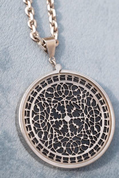 Vintage Silver Medallion Necklace, Chunky Filigree Silver Onyx Retro Necklace, 24" Chunky Chain, 80s London Made Silver Jewelry, Rare Find.