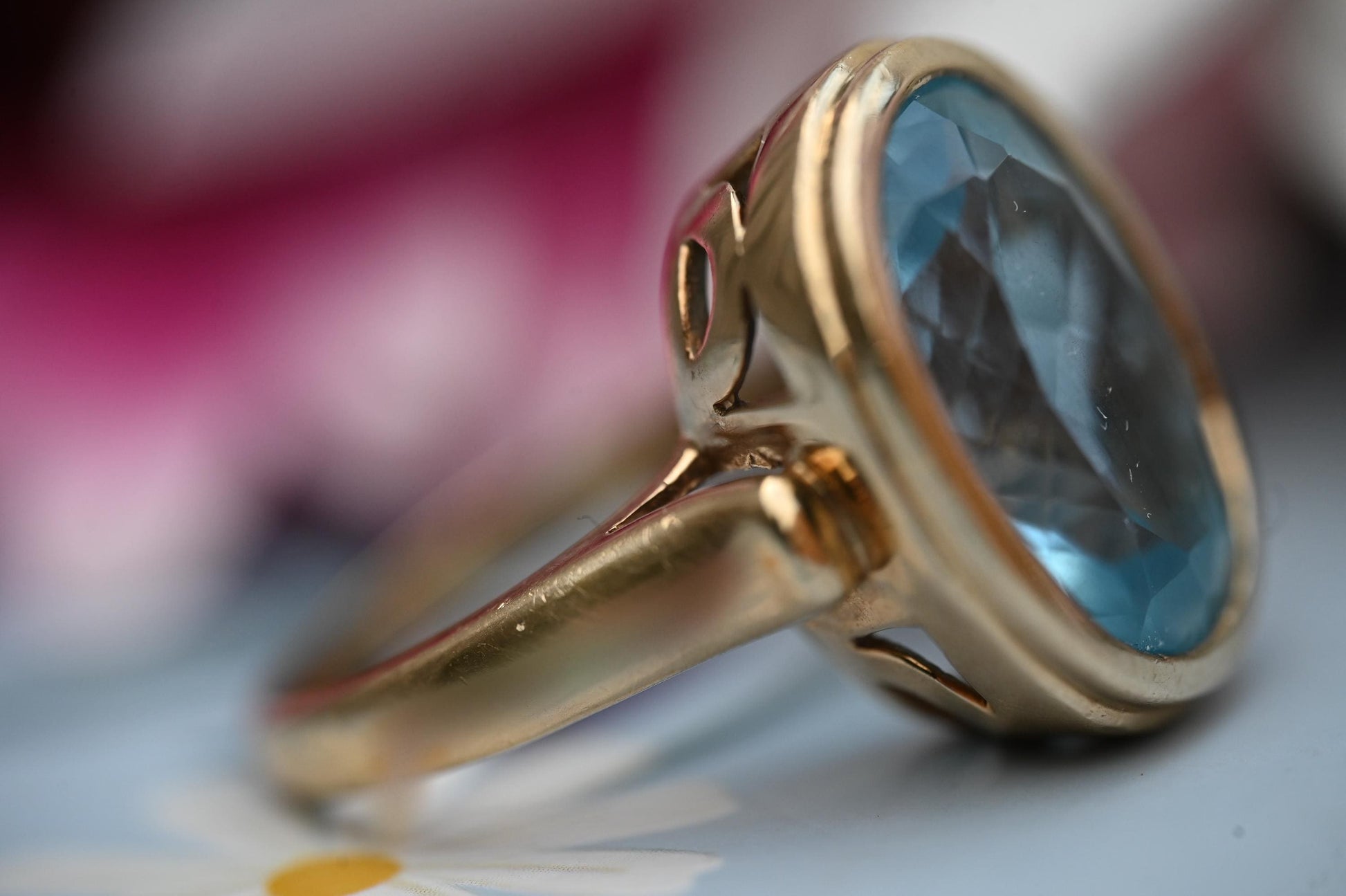 Vintage 80's Dress Statement Ring Swiss Blue Topaz 9ct Yellow Gold
