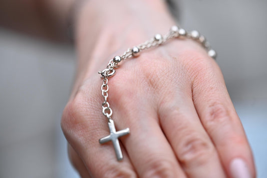 Real Silver Beaded Cross Charm Bracelet, Stunning Christian Jewellery Cross Dangle Charm, Pretty Christmas Gift Jewelry, Silver Cross Charm