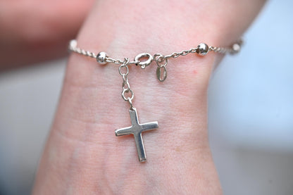 Real Silver Beaded Cross Charm Bracelet, Stunning Christian Jewellery Cross Dangle Charm, Pretty Christmas Gift Jewelry, Silver Cross Charm