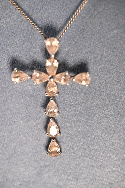 Vintage Jewellery - Sterling Silver Large Cross Pendant Necklace Heart Shaped White Crystals, Italy 1960