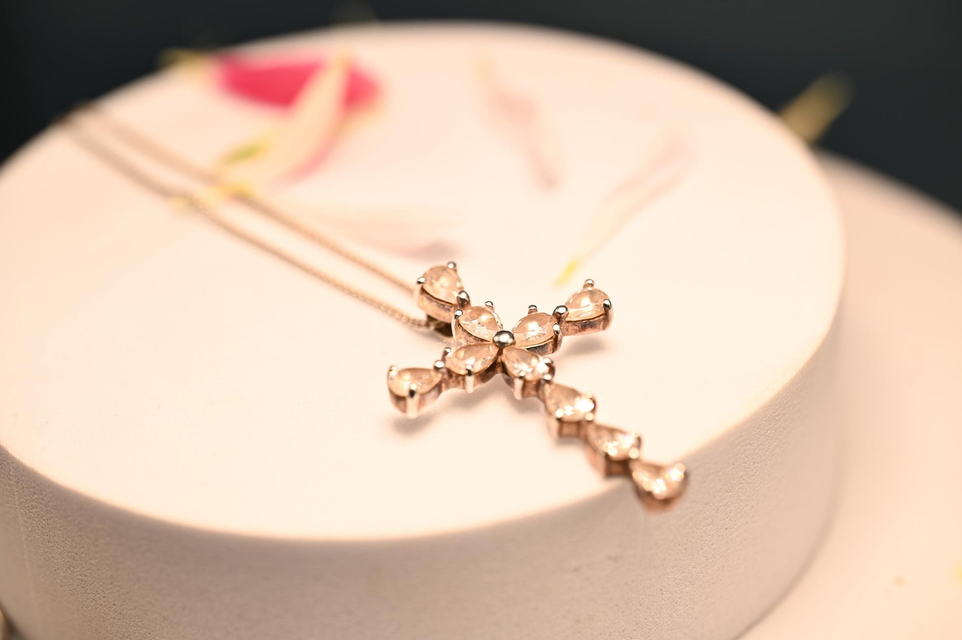 Vintage Jewellery - Sterling Silver Large Cross Pendant Necklace Heart Shaped White Crystals, Italy 1960