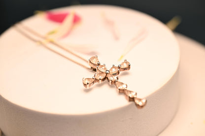 Vintage Jewellery - Sterling Silver Large Cross Pendant Necklace Heart Shaped White Crystals, Italy 1960