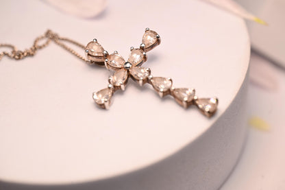 Vintage Jewellery - Sterling Silver Large Cross Pendant Necklace Heart Shaped White Crystals, Italy 1960