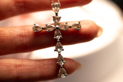 Vintage Jewellery - Sterling Silver Large Cross Pendant Necklace Heart Shaped White Crystals, Italy 1960