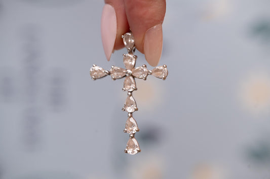 Vintage Jewellery - Sterling Silver Large Cross Pendant Necklace Heart Shaped White Crystals, Italy 1960