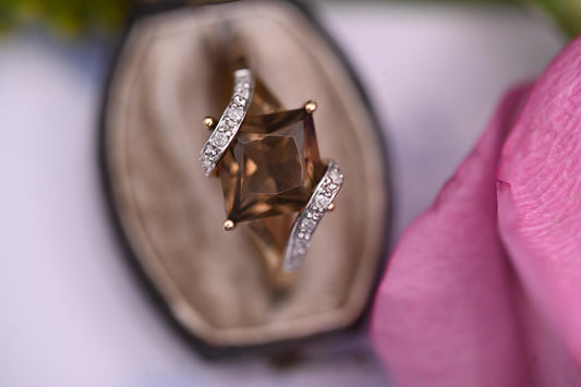 Vintage Smokey Quartz and Diamond Cocktail Ring 9ct Gold British Hallmarked, dress ring 9K unusual ring, English Jewelry Real Gold