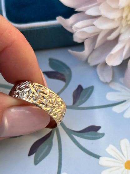 Vintage Diamond Cut 9ct Yellow Gold Wedding Band - UK Size O / US 7.5, Unusual design wide band, Eye-Catching Statement jewellery England.