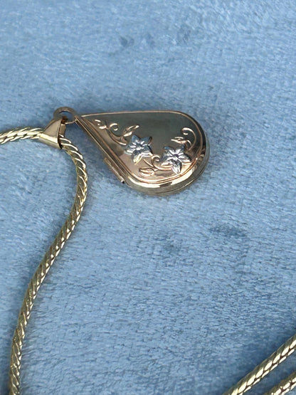 Vintage 90's Tear Drop Photo Locket Pendant, 9ct yellow and white gold - Birmingham Assayed, Dainty Photo Jewellery, Sentimental Gift