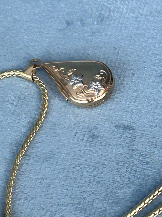 Vintage 90's Tear Drop Photo Locket Pendant, 9ct yellow and white gold - Birmingham Assayed, Dainty Photo Jewellery, Sentimental Gift