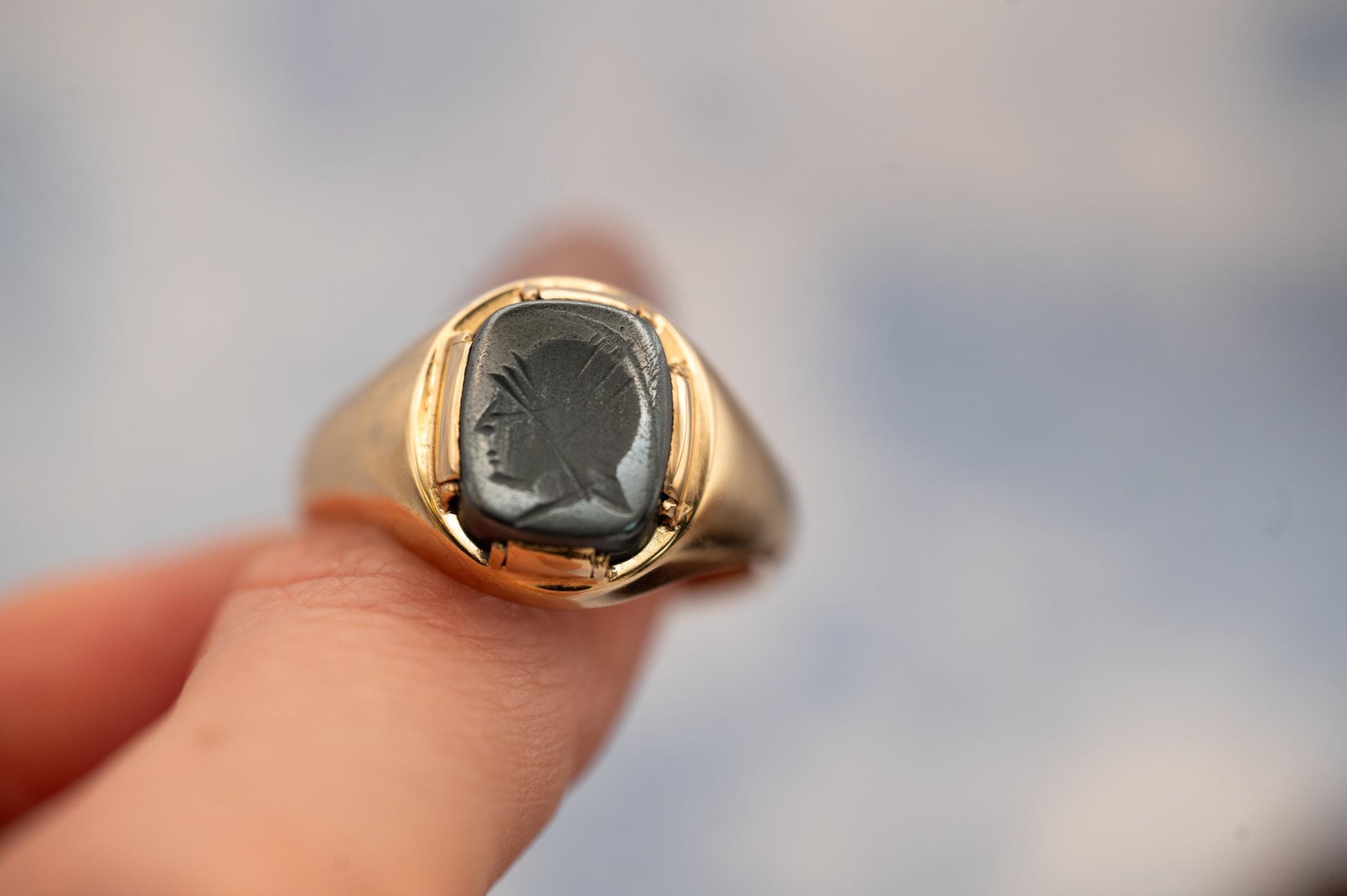 Vintage Mid-Century 1960s Ring, Mens Birmingham Rectangle Carved Hematite Signet Ring, Centurion Intaglio, Solid Gold Chunky Jewelry 9ct, 9K