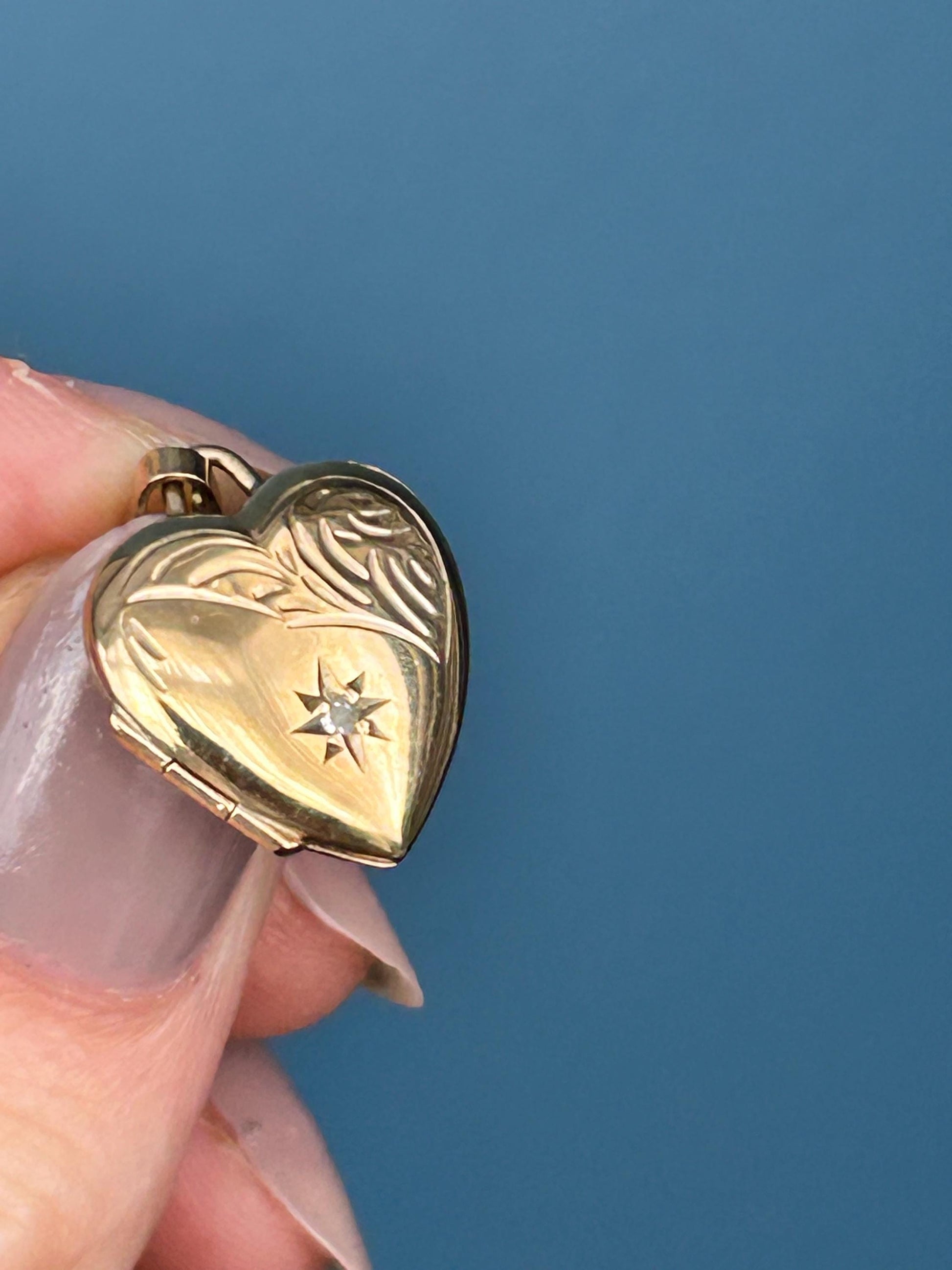 Vintage 9ct Yellow Gold Heart Locket with Diamond, Dainty Gold Photo Pendant, Real Diamond Keepsake Memory Jewelry, Unusual Heart Pendant