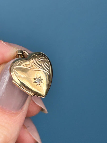 Vintage 9ct Yellow Gold Heart Locket with Diamond, Dainty Gold Photo Pendant, Real Diamond Keepsake Memory Jewelry, Unusual Heart Pendant