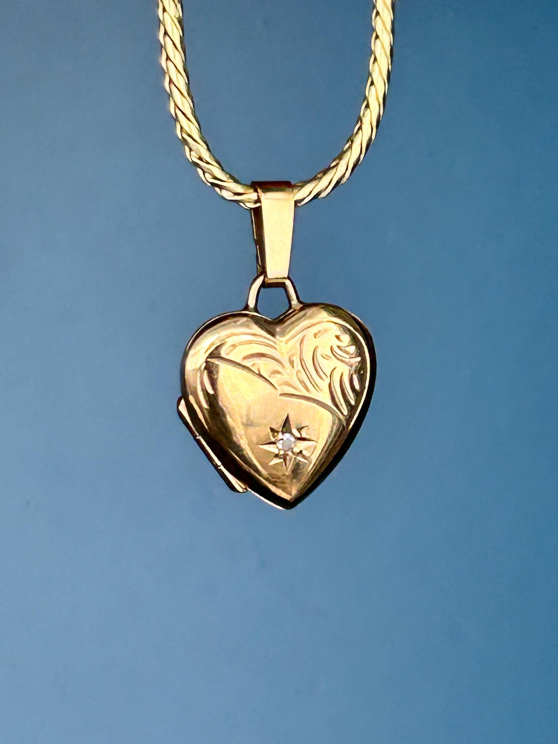 Vintage 9ct Yellow Gold Heart Locket with Diamond, Dainty Gold Photo Pendant, Real Diamond Keepsake Memory Jewelry, Unusual Heart Pendant