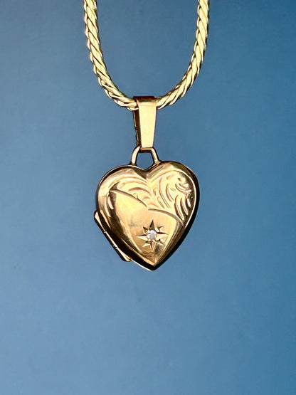 Vintage 9ct Yellow Gold Heart Locket with Diamond, Dainty Gold Photo Pendant, Real Diamond Keepsake Memory Jewelry, Unusual Heart Pendant
