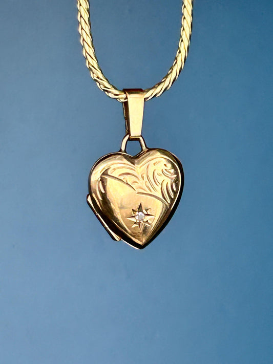 Vintage 9ct Yellow Gold Heart Locket with Diamond, Dainty Gold Photo Pendant, Real Diamond Keepsake Memory Jewelry, Unusual Heart Pendant