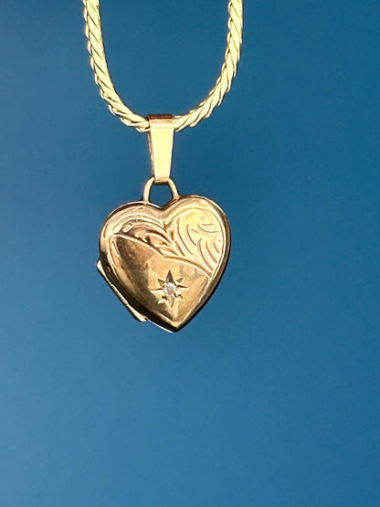 Vintage 9ct Yellow Gold Heart Locket with Diamond, Dainty Gold Photo Pendant, Real Diamond Keepsake Memory Jewelry, Unusual Heart Pendant