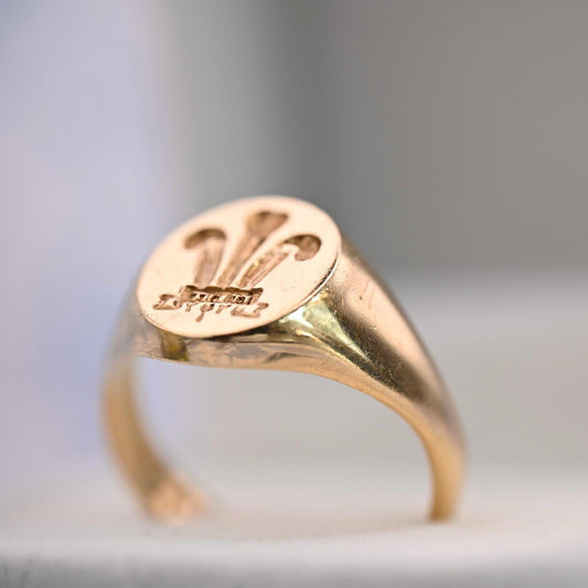 Vintage 90s Welsh Feathers Signet Ring Solid 9ct Yellow Gold, Wales Jewellery, Heritage Gold Solid 9K, Celtic Heirloom Jewelry