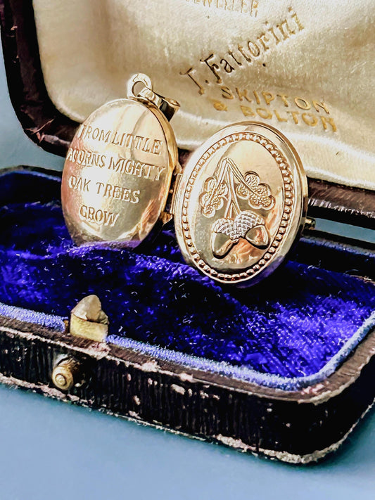 Vintage 90's Acorn Inscription Locket, Special Message Photo Pendant in 9ct Yellow Gold, Assayed in Birmingham England: Sentimental Keepsake