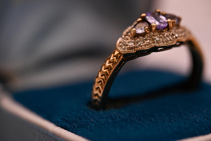Mid-Century Unusual Tanzanite Diamond Cluster 9ct Gold Ring, Pretty Ornate Detail Jewellery, Real Diamond Fancy Ring, Unique Estate Jewelry