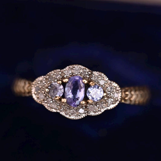 Mid-Century Unusual Tanzanite Diamond Cluster 9ct Gold Ring, Pretty Ornate Detail Jewellery, Real Diamond Fancy Ring, Unique Estate Jewelry